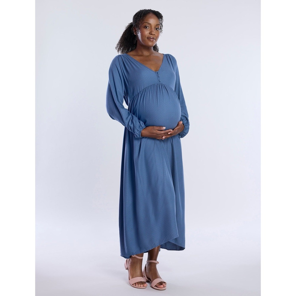Motherhood Women's Large Long Sleeve Button Front Midi Dress Vintage Indigo